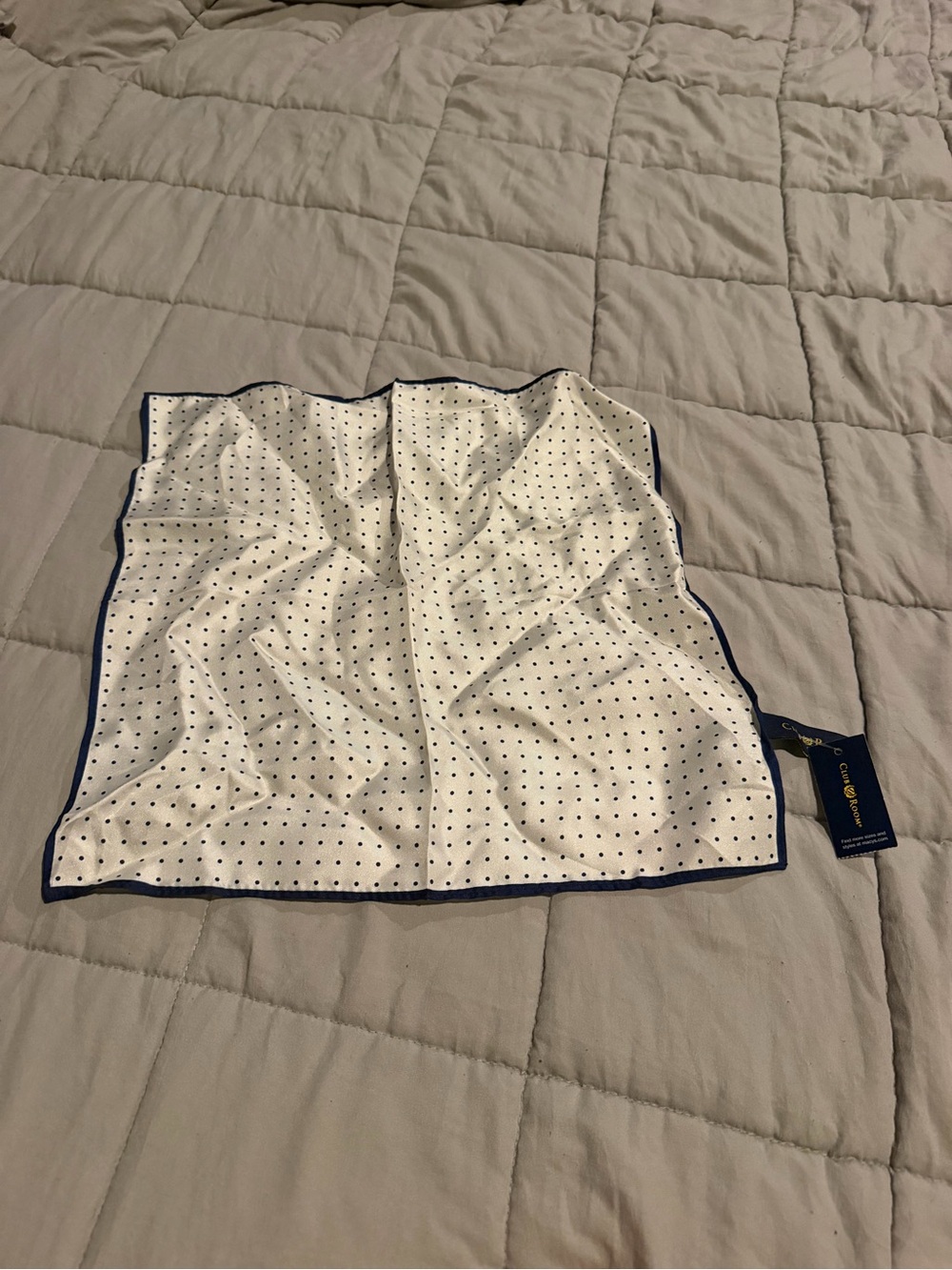 Club Room White Pocket Square with Navy Polka Dots